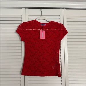 Edikted Red Lace Short Sleeve Blouse Sz M NWT